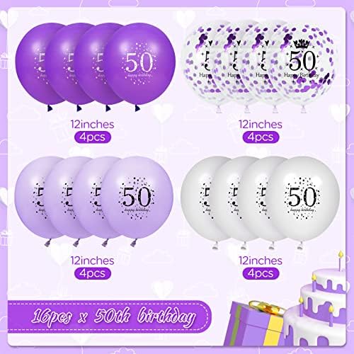 50. Purple Rođendan baloni ukrasi, 16 kom ljubičasti bijeli konfeti baloni za žene za žene Muškarci Sretan rođendan zabava za vjenčanje u zatvorenom prostoru za zabavu na otvorenom, 12 inča