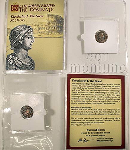 Theodosius I - drevni rimski brončani novčić u mapi sa potvrdom o autentičnosti 379-395 AD - Theodosius Veliki