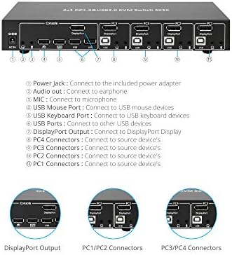 Xtrempro 4x1 DP Port za prikaz 1.2 & amp; USB 2.0 KVM Switch metalno kućište sa USB tastaturom, mišem, audio & Port za mikrofon sa adapterom za struju-Crna