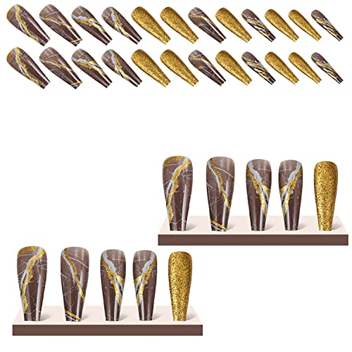 GDDJONG 24pcs Press on Nails Luxury Marble Gold Ballerina Glitter Long Coffin Glossy francuski lažni nokti lažni Savjeti puni poklopac