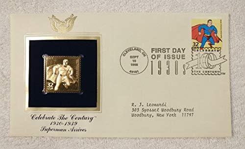 Superman stiže - Strip debituje u 1938 - proslavite stoljeća - FDC & 22kt Gold Replica pečat plus Info kartica - Poštanski Komemorativno