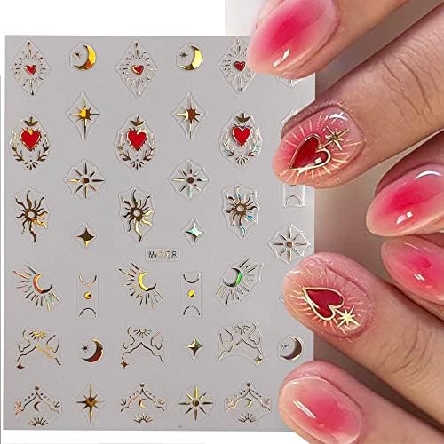 10 listova Sun Moon Star Heart Nail Art naljepnice naljepnice za nokte 3D samoljepljive laserske potrepštine za umjetnost noktiju dizajnerske naljepnice za nokte zvijezde mjesec sunce sa svjetlucavim ukrasima za nokte za žene DIY Dodaci za nokte