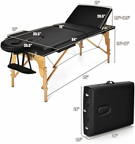 JAHH prijenosni stol za masažu 3 Fold 84 L podesivi Spa krevet sa / torbicom Crna ručna paleta