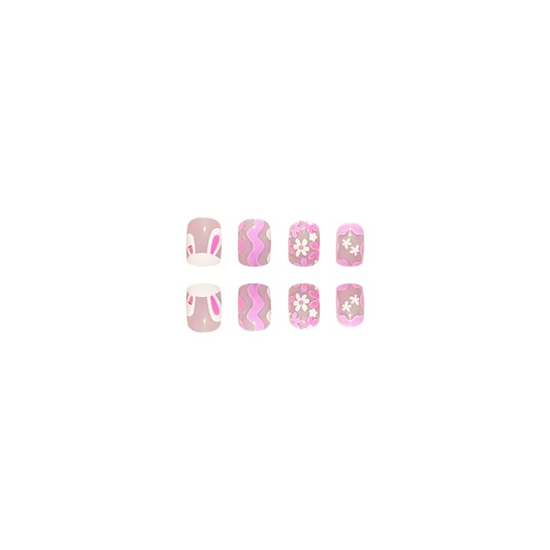 Diduikalor Uskršnja presa na noktima kratki ružičasti lažni nokti slatki Zec i cvijet akrilni nokti sjajni ljepilo na noktima poklon za žene i djevojke