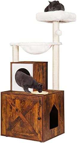 Heybly Cat Tree, Drvena kutija za otpatke sa stanicom za hranu, sve-u-jednom zatvoreni namještaj za mačke sa korpom i stanom, mačji toranj modernog stila, viseća mreža, rustikalni smeđi HCT101SR