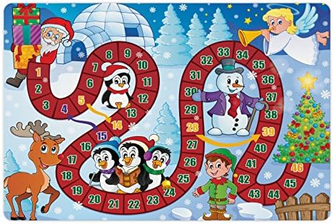 Lunarable društvene igre pet Mat za hranu i vodu, Božić tematske kompozicije sa Santa Claus Cartoon Angel Snowman Penguins Elf, pravougaonik Non-Slip gumeni Mat za pse i mačke, višebojni