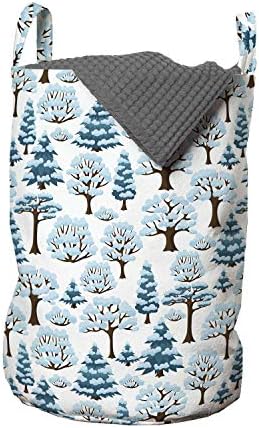 Ambesonne torba za pranje jelke, neprekidne siluete drveća prekrivene snijegom plavi tonovi monohromatski, korpa za korpe sa ručkama