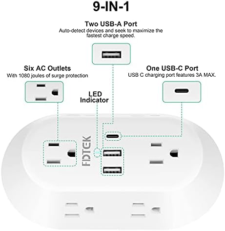USB zidni Punjač, Fdtek zaštita od prenapona 6 Izlazna utičnica sa više utikača sa USB-C priključcima za punjenje, 3-Sided Outlet