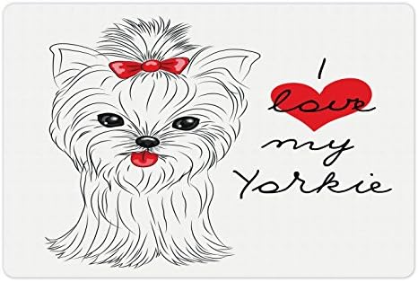 Ambesonne Yorkie prostirka za kućne ljubimce za hranu i vodu, Volim svog Yorkie terijera sa svojim Tounge Out Yorkshire terijerom, pravougaonom neklizajućom gumenom prostirkom za pse i mačke, crno-bijelom crvenom
