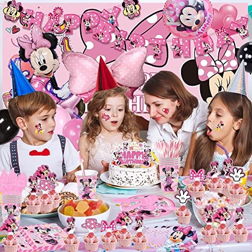222 kom Pink Mouse Birthday Decorations potrepštine za zabavu opslužuje 10 gostiju sa Banerom miša, pozadinom, Toperom za torte, stolnjakom, balonima od folije, kašikama, viljuškom, nožem, salvetama, naljepnicama za tetovaže
