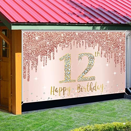 12. rođendan Banner dekoracije za djevojčice, Rose Gold Happy 12 rođendan pozadina potrepštine, Pink 12 godina rođendan znak Poster