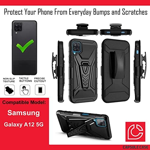 Capsule Case kompatibilan za Galaxy A12 [Vojni razreda Shootroot otporan na teške cepke Chickstand Clip Holster Hybrid Crna futrola za telefon] za Samsung Galaxy A12 SM-A125F