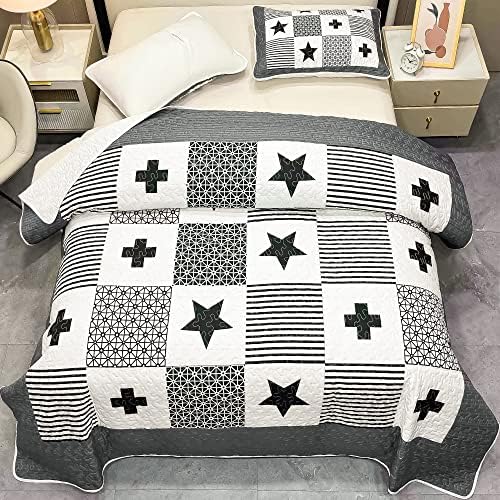 Grevo prekrivač Geometrijski patchwork Cross Stars Plaid Reverzibilni prekrivač prekrivač postavljen 3-komadni lagani kompforter za šivene posteljinu Podeljak Pokrivanje kreveta pokrivač sa 2 jastukom shams