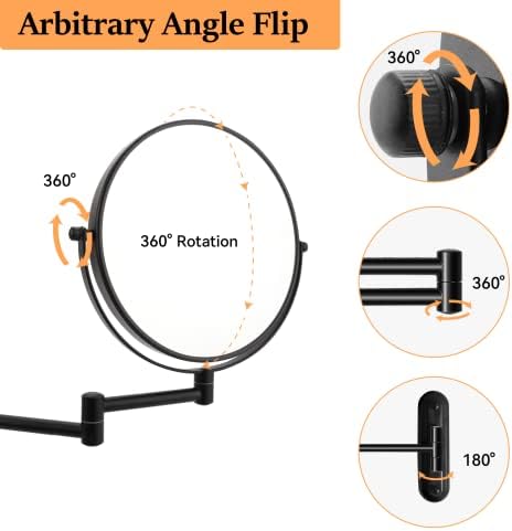 Keilefo zidno ogledalo za šminkanje 1x/ 10x ogledalo za uvećanje 8 inča rotirajuće kupatilo za 360 stepeni Kozmetičko ogledalo,reverzibilno dvostrano lično ogledalo za ispraznost teleskopsko preklapanje bez ćorsokaka