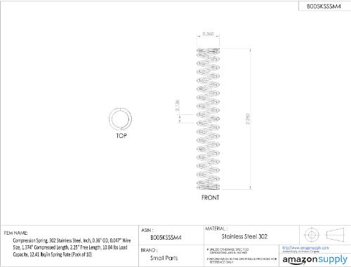 Spremne opruge, 302 nehrđajući čelik, inč, 0,36 od, 0,047 Veličina žice, 1.374 komprimirana dužina, 2,25 Besplatna dužina, 10,84 lbs nosivost, 12,41 lbs / u opružnom brzinom
