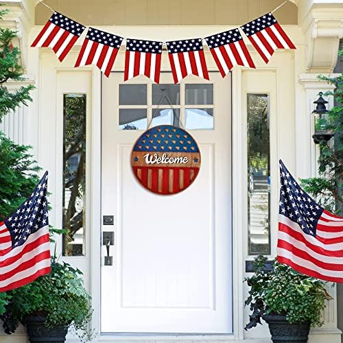 SGGVECSY 4. jul Dobrodošli potpis Patriotski drveni viseći potpisuju ukrasi za neovisnost okrugla vješalica na vratima Američka zastava vijenac za vijence za ulazne vrata