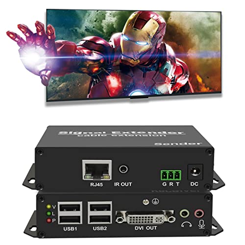 LornCeng 4K DVI USB KVM ekstender preko Cat5e/6/7 do 394ft, DVI Adapter za proširenje preko RJ45 Etherneta sa predajnikom i prijemnikom proširuje Video, Audio, 4 porta USB2.0, IR, RS-232, blizu nulte latencije