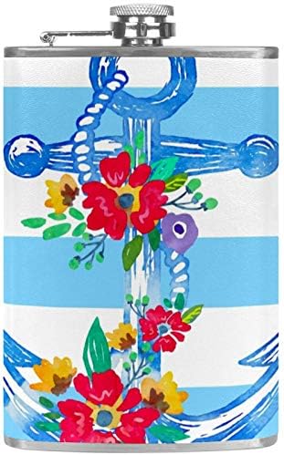 Hip tikvica za alkohol od nehrđajućeg čelika nepropusna sa lijevkom 7.7 Oz kožna navlaka odlična ideja za poklon tikvica-ručno nacrtano sidro sa cvijećem plave pruge uzorak