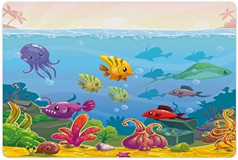 Lunarable Aquarium pet Mat za hranu i vodu, smiješni podvodni krajolik u stilu crtića sa raznim životinjama i Škrinjom s blagom, pravougaona neklizajuća gumena prostirka za pse i mačke, višebojna