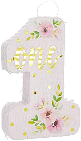 Mala ružičasta cvjetna Pinata broj 1 za dekoracije Djevojačkih 1. rođendana, središnji dijelovi stola, zlatna folija One i dizajn cvjetnog printa hibiskusa