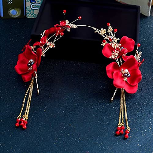 ASDFGH Trendy 3kom / set crveni biserni cvijet Trake za glavu za žene Bridal Tassels Tiara traka za kosu kineska svadbena nevjesta Hair Accessories