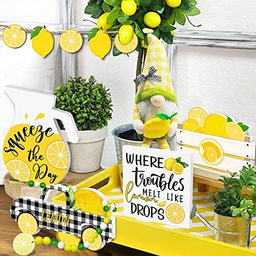 Cocomong Lemon Decor, limunski ukrasi za kuhinju, limunski slojeviti pleh Decor 6 komada, seoska kuća ljetni žuti znak za limunadu za poslužavnik, Dekorativni drveni blok bijeli i crni Buffalo karirani kamion