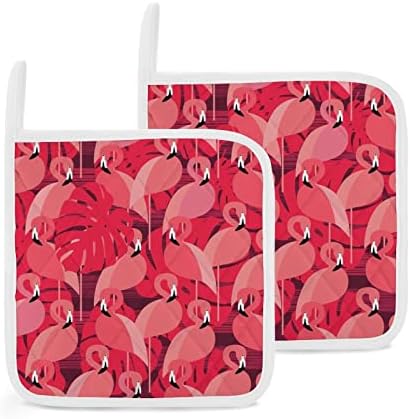 Ružičasti flamingosi sa dlanom ostavlja držače lončanja za kuhinjske toplotne otporne na toplinu, pećnicu vruće jastučiće za kuhanje