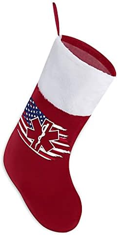 Weedkeycat Američka zastava Ems Star of Life Emt Paramedic Medic Print Božićne čarape Viseće torbe Čarape za Xmas Tree Kamin Dekoracija Crimson-Style Jedna veličina