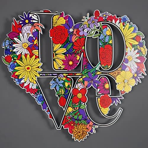 Ljubav na cvijeću UV ispisano na metalnoj zidnoj umjetnosti | Ljubavni zidni umjetnički metalni znak | Znak u obliku srca | Dan zaljubljenih za Valentinovo | Dekorativni znak za parove |