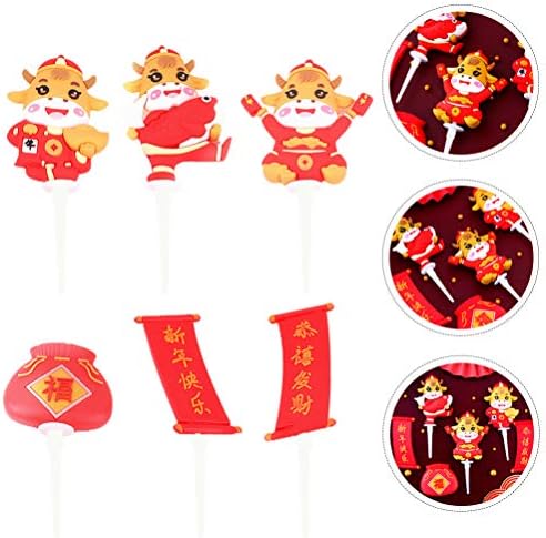 Bestsporble 5pcs Kineska novogodišnja prapci za kolače Sretan mjesečev godišnje Koktel za pečenje kolača Toppers za čačkalice za 2021. godinu Ox Party Spring Festival Party