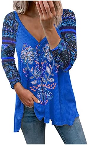Ženska Boho cvjetna tunika na vrhu Ležerne prilike dugih rukava Henley V-izrez Majica s labavim fit bluzama vrhom džemper