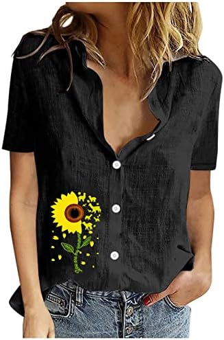 Ženska casual košulja Ljeto dugme up bluze košulje kratkih rukava na vrhu pamučne platnene cvjetne radne tuničke bluze