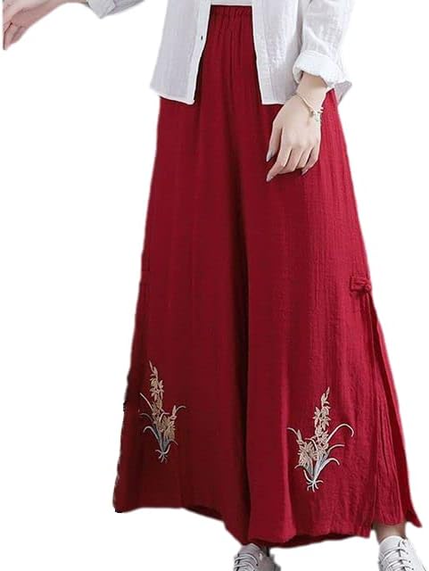 Kineski nacionalni stil retro elegantna slaba široka noga vezene cvijeće casual elastične strugove za žene za žene Color4 s