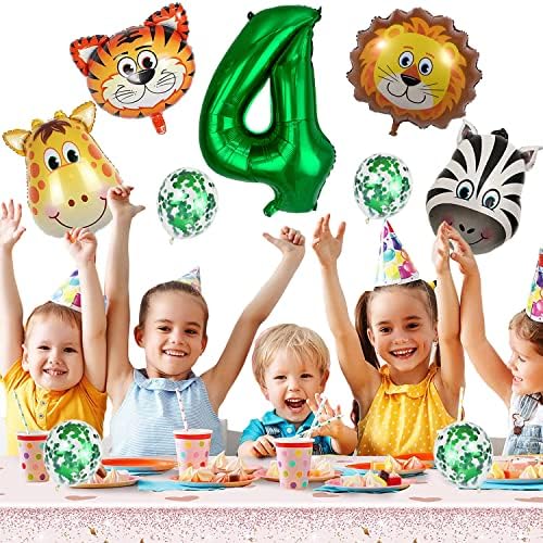 Kawailay Jungle Animal Cutth Rođendan Balloons Jungle Safari Životinje Birtlians Giant Zoo Baloni za životinje 32-inčni tamnozeleni broj 4 FOIL balon za rođendan za rođendanski dekor