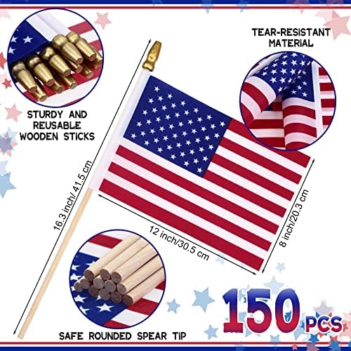 150 kom si male američke zastave, 8 x 12 inča mini američke zastave Drvene štapove rasuti ručne zastave za travnjak 4. srpnja ukrasi