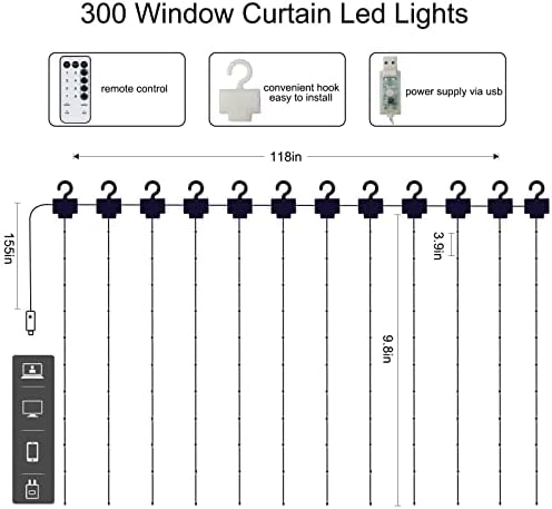 GIREALO Zvjezdana prozorska zavjesa svjetlo topla bijela 300 LED 8 načini osvjetljenja USB napajana bajkovita svjetla daljinska Upravljačka traka svjetla za spavaću sobu Kućni ukrasi za zabavu