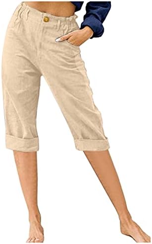 Ruiruilico Capris za žene Ljetne posteljine pamučne hlače Ležerne elastične visoke struk obrezane tanke salonske hlače sa džepovima