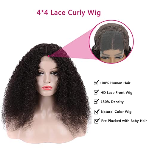 Kinky Curly perike ljudska kosa za crne žene 4x4 Curly čipkaste prednje perike ljudska kosa prethodno Počupana sa dječjom kosom 150% gustoće prirodna crna boja