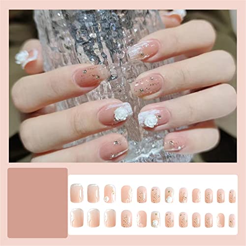 Kvadratni lažni nokti kratki puni poklopac francuski nježni bijeli Cvjetovi presa na noktima 24 komada Nail Art Savjeti za salone