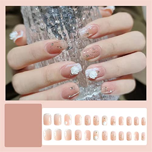 Kvadratni lažni nokti kratki puni poklopac francuski nježni bijeli Cvjetovi presa na noktima 24 komada Nail Art Savjeti za salone noktiju i žene DIY Nail Art