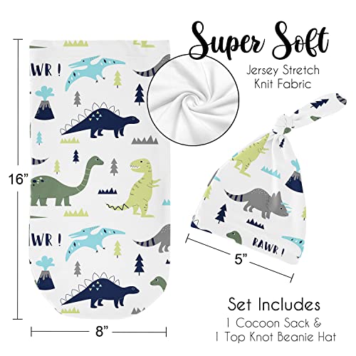Sweet Jojo Dizajn Mod Dino Baby Boy Cocoon i Beanie Hat 2pc Set dres Stretch pletena vreća za spavanje za novorođenčad novorođenčad za spavanje vreća - plava, zelena i siva moderni dinosaur