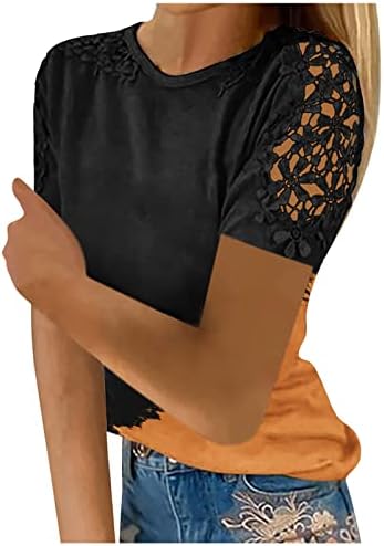 Trebin ženska modna čipka šuplje pune boje okruglog vrata kratki rukav majica
