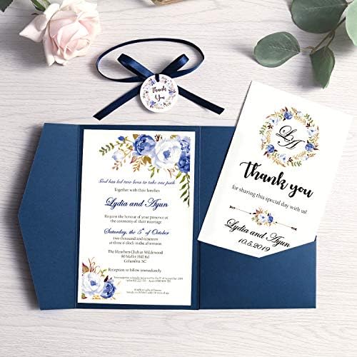 100 komada Poziv za vjenčanje Pink Blue Pocket čestitka sa kovertenim poštivanjem sa vrpcom i naljepnicama - mornaričkim plavom tiskanim