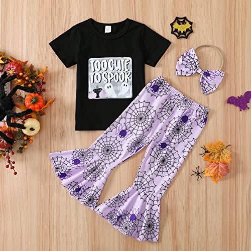 XBGQASU Toddler Girls Halloween kratki rukav Crtani slovo Ispiši majica Tors Flare hlače Trake za glavu Djeca Outfits Baby Girl Princess