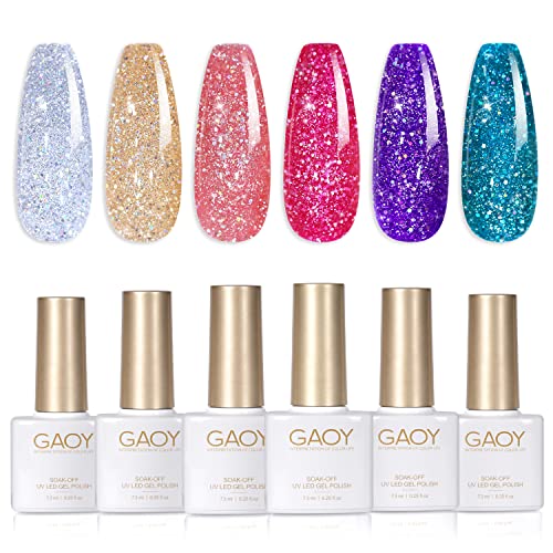 Gaoy Disco glitter gel Set lakova za nokte, 6 Sparkle Rainbow Colors gel komplet za nokte za Nail Art Diy manikir i pedikir kod kuće
