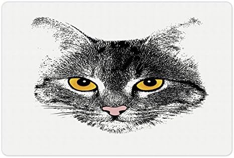 Lunable Cat Pet Mat za hranu i vodu, grunge Pozadina sa mačkicom dlakave skice, pravokutnik Neklizajući gumeni mat za pse i mačke,