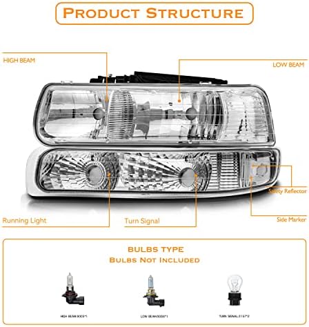 Cxdar sklop farova kompatibilan sa Chevy Silverado 1999-2002 1500 2500/2000-2006 Suburban 1500 2500 Tahoe, prednja svjetla sa svjetlima za branike, Fit OE Grill