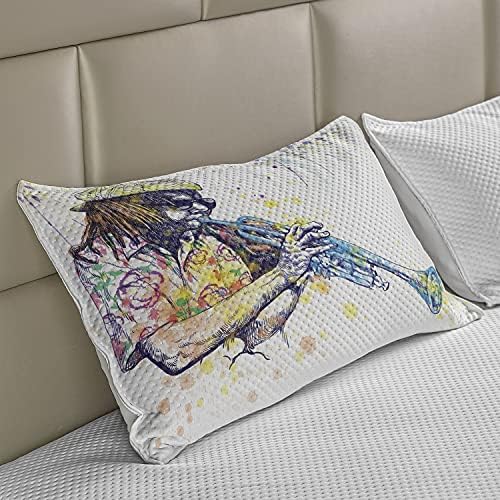 AMBESONNE JAZZ GLAZBE Pleted quill jastuk, ilustracija trubača sa prskanjem boje u pozadinskoj zabavi, standardni poklopac jastuka