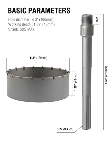 Binota betonska pila za rupe 160 mm, Sjenica SDS MAX 220mm, za cementni zid od opeke pijesak kamen Sable-Rock Samonivelirajući