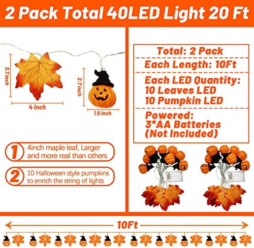 OVV 2PACK Halloween bundeva Javor ostavlja niz svjetla 20 FT 40 LED jesen dekoracije svjetla unutarnji vanjski baterije zahvalnosti